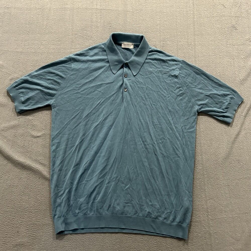 John Smedley Shirt Mens XL Blue England Knit Polo Preppy Sea Island Cotton